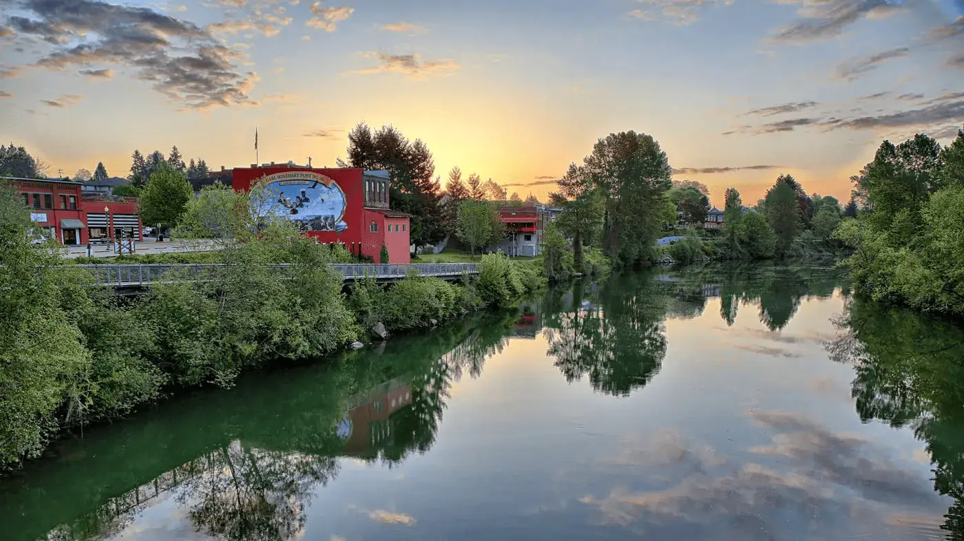 Scenic view of Downtown Snohomish with the Snohomish River in Snohomish County, WA