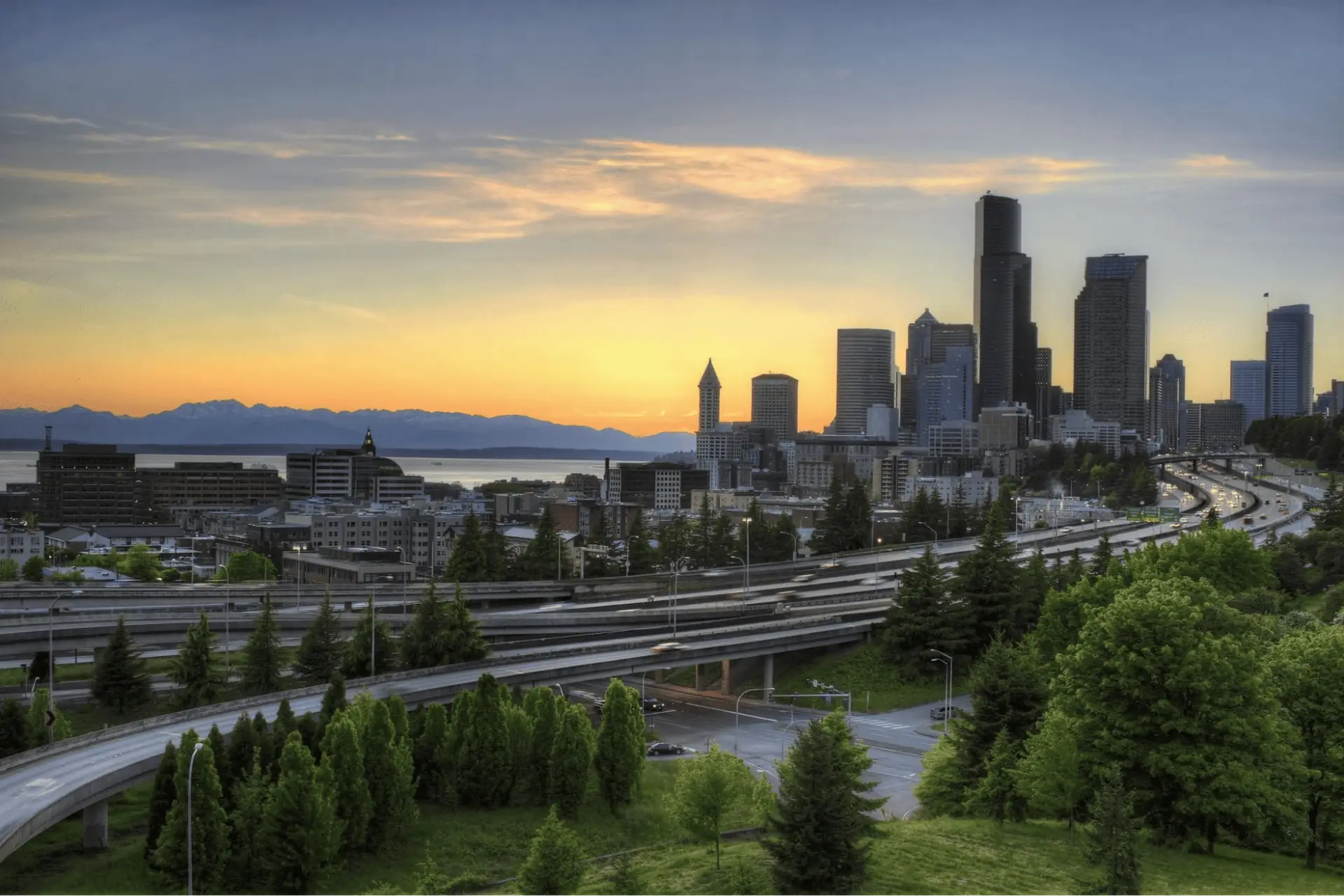 Seattle City Skyline with Olympic Mountain Range