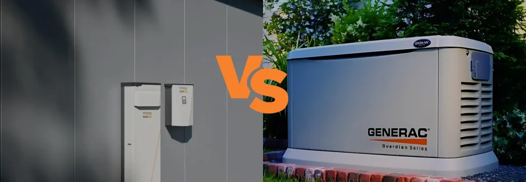 Side-by-side comparison of a battery backup system and a Generac generator with 'Batteries vs Generator